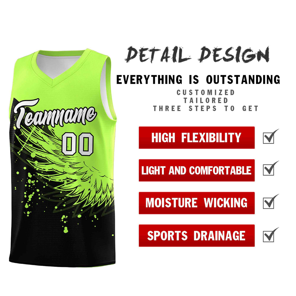 Custom Black Fluorescent Green Wing Pattern Sports Uniform Basketball Jersey