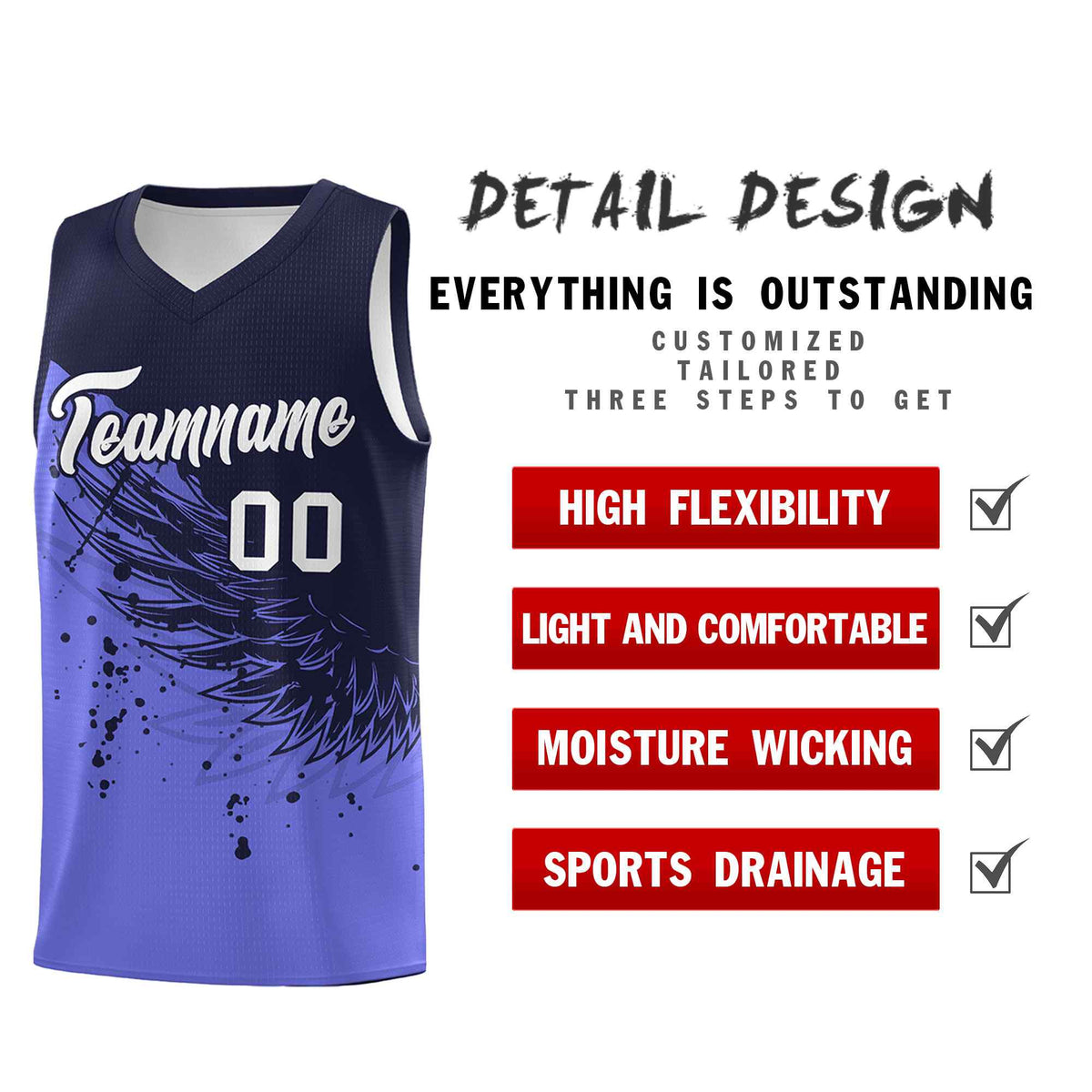 Custom Purple Navy Wing Pattern Sports Uniform Basketball Jersey
