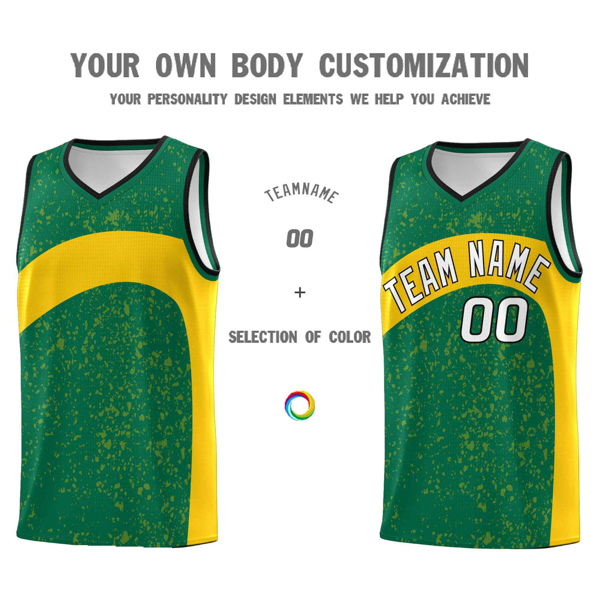Custom Kelly Green Gold Dot Graffiti Pattern Irregular Team Names Sports Uniform Basketball Jersey