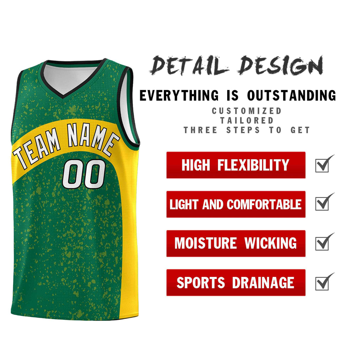 Custom Kelly Green Gold Dot Graffiti Pattern Irregular Team Names Sports Uniform Basketball Jersey
