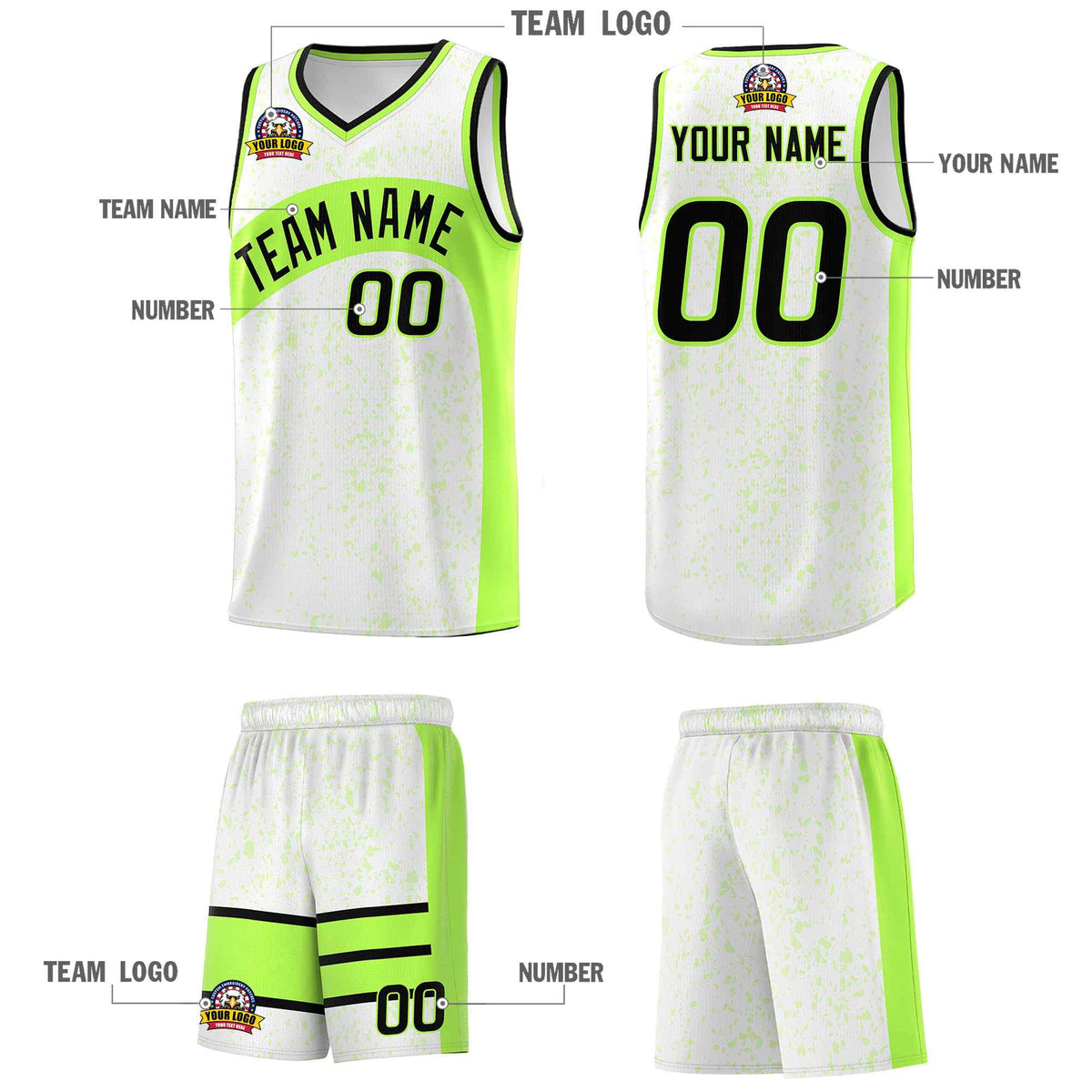 Custom White Fluorescent Green Dot Graffiti Pattern Irregular Team Names Sports Uniform Basketball Jersey