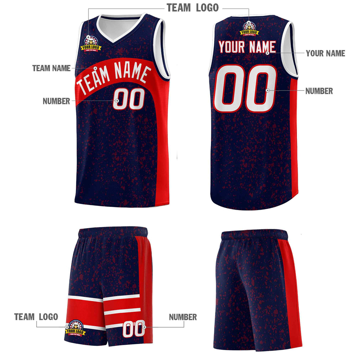 Custom Navy Red Dot Graffiti Pattern Irregular Team Names Sports Uniform Basketball Jersey