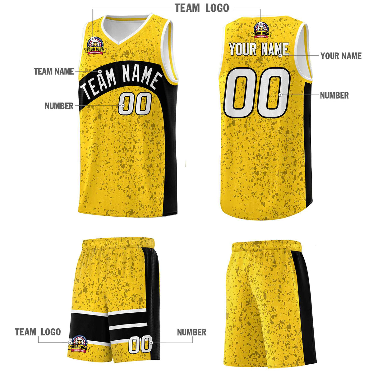 Custom Gold Black Dot Graffiti Pattern Irregular Team Names Sports Uniform Basketball Jersey