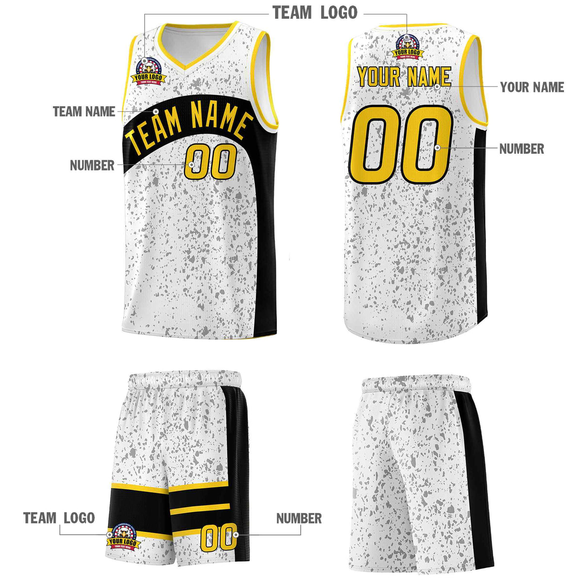 Custom White Black Dot Graffiti Pattern Irregular Team Names Sports Uniform Basketball Jersey