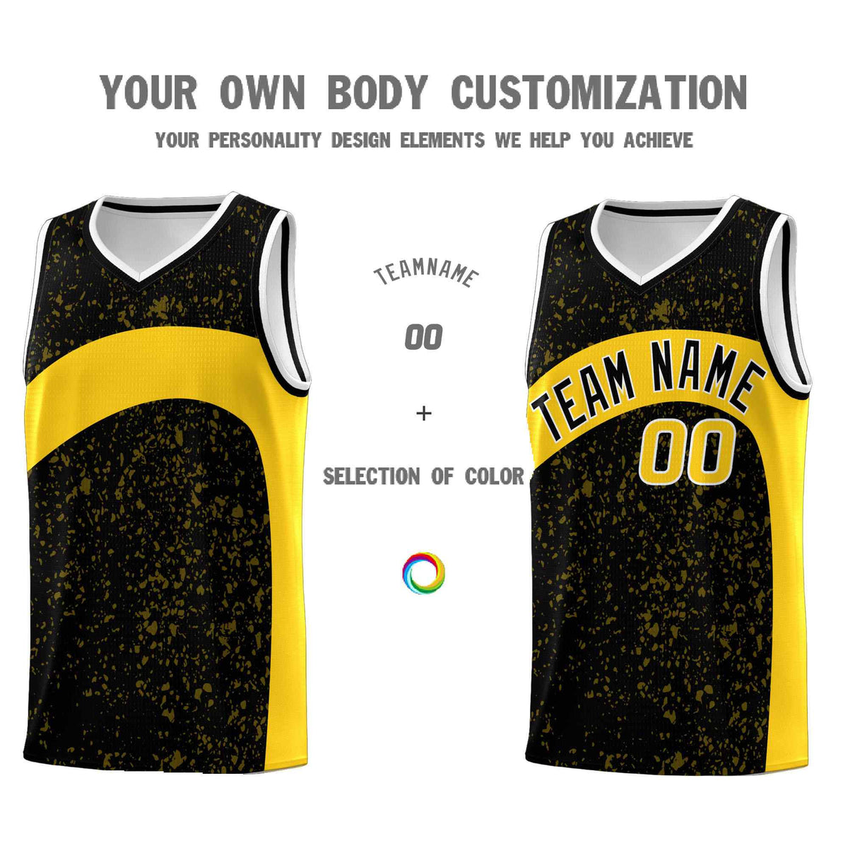 Custom Black Gold Dot Graffiti Pattern Irregular Team Names Sports Uniform Basketball Jersey
