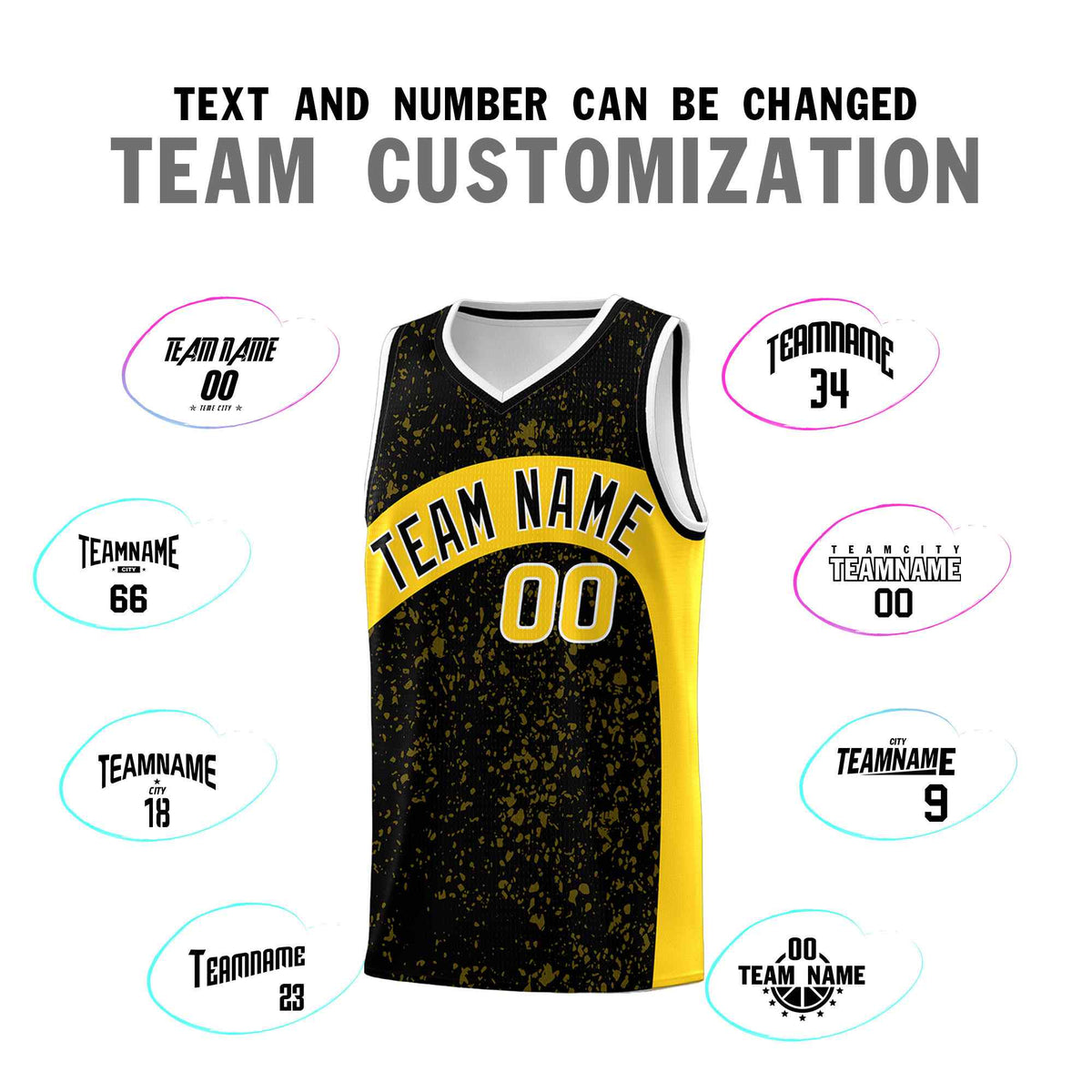 Custom Black Gold Dot Graffiti Pattern Irregular Team Names Sports Uniform Basketball Jersey