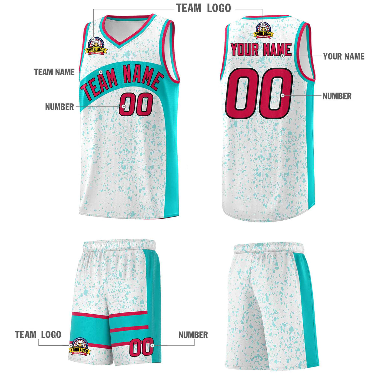 Custom White Aqua Dot Graffiti Pattern Irregular Team Names Sports Uniform Basketball Jersey