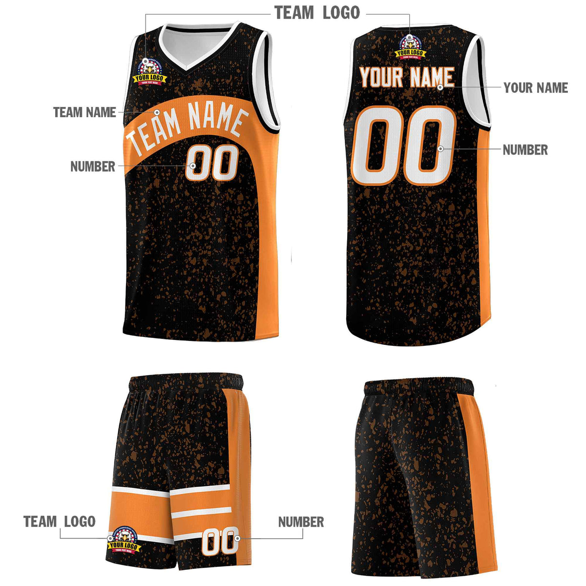 Custom Black Gold Orange Dot Graffiti Pattern Irregular Team Names Sports Uniform Basketball Jersey