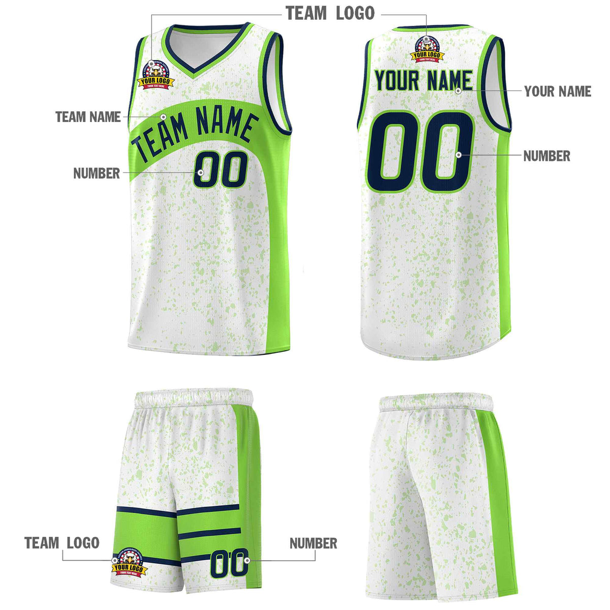Custom White Fluorescent Green Dot Graffiti Pattern Irregular Team Names Sports Uniform Basketball Jersey