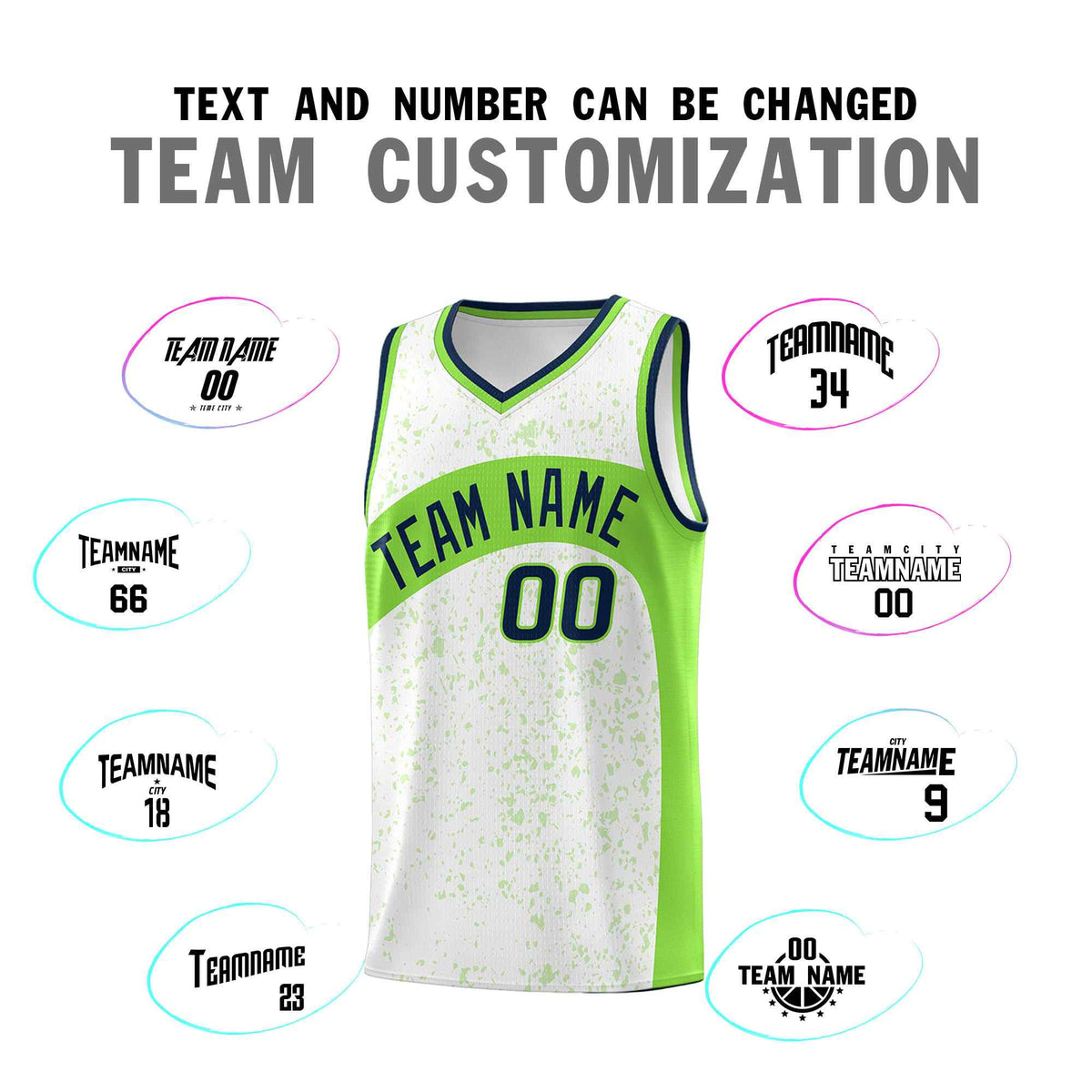 Custom White Fluorescent Green Dot Graffiti Pattern Irregular Team Names Sports Uniform Basketball Jersey