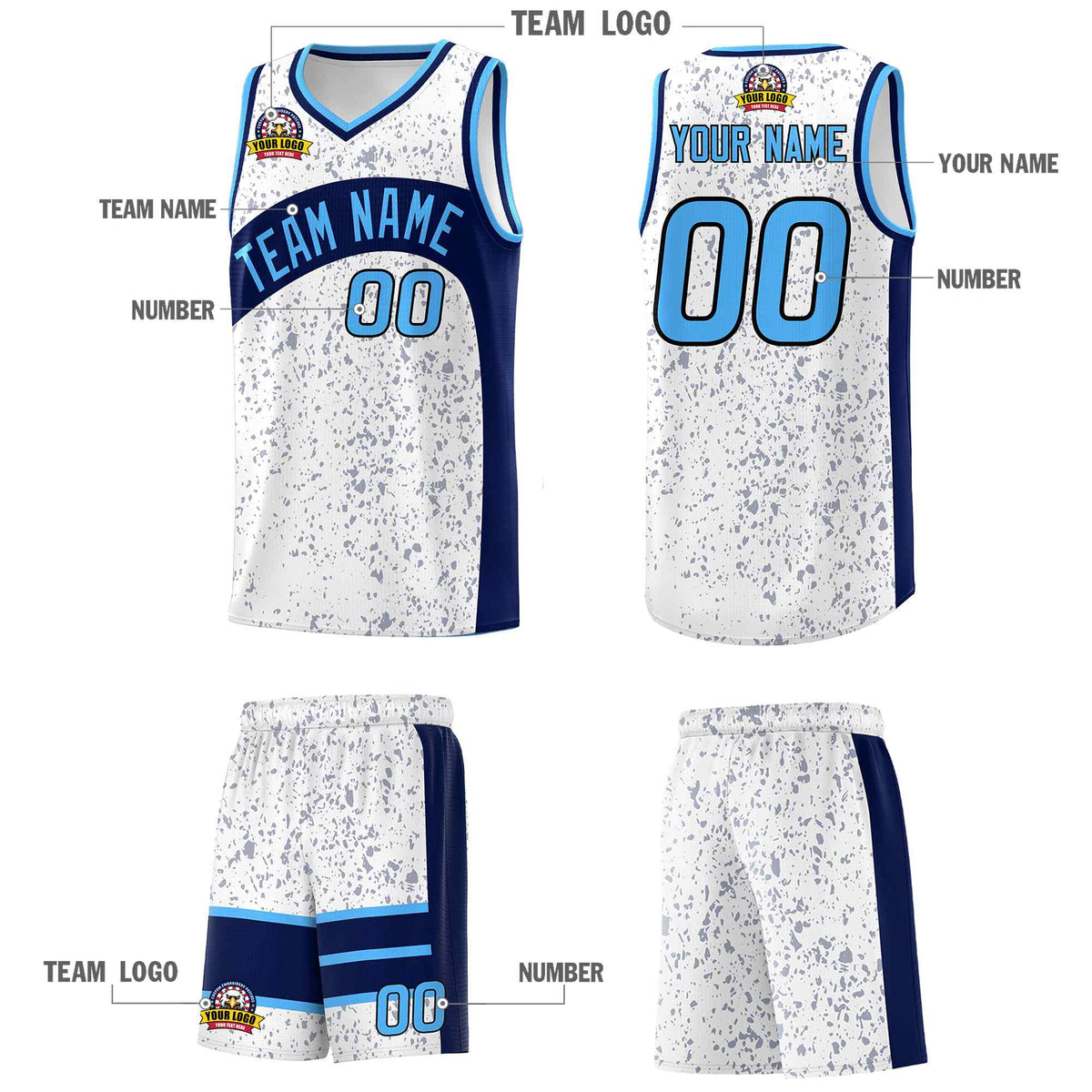 Custom White Navy Dot Graffiti Pattern Irregular Team Names Sports Uniform Basketball Jersey