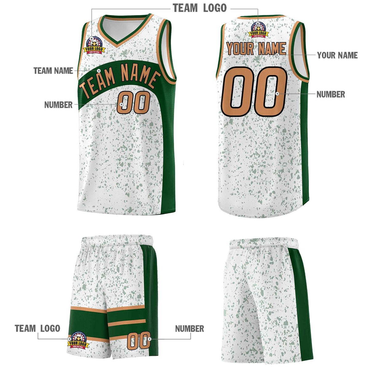 Custom White Green Dot Graffiti Pattern Irregular Team Names Sports Uniform Basketball Jersey