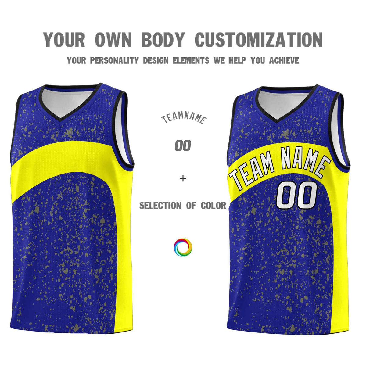 Custom Royal Fluorescent Yellow Dot Graffiti Pattern Irregular Team Names Sports Uniform Basketball Jersey