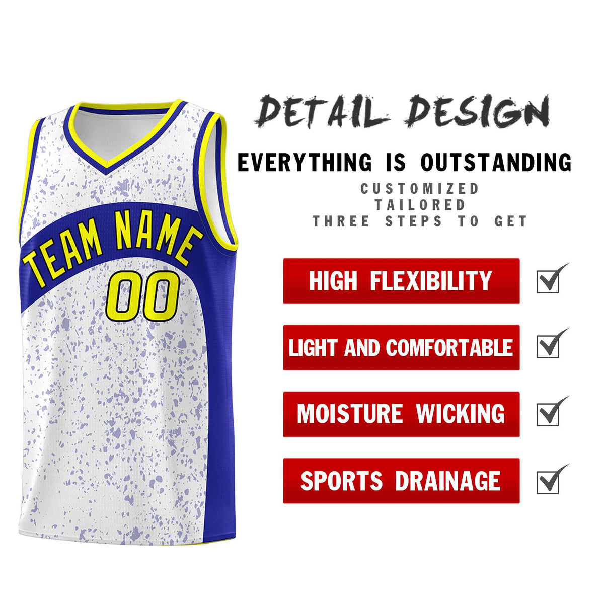 Custom White Royal Dot Graffiti Pattern Irregular Team Names Sports Uniform Basketball Jersey