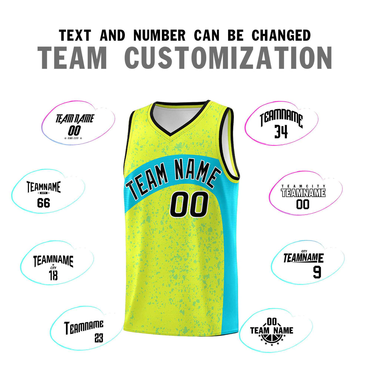 Custom Fluorescent Green Sky Blue Dot Graffiti Pattern Irregular Team Names Sports Uniform Basketball Jersey