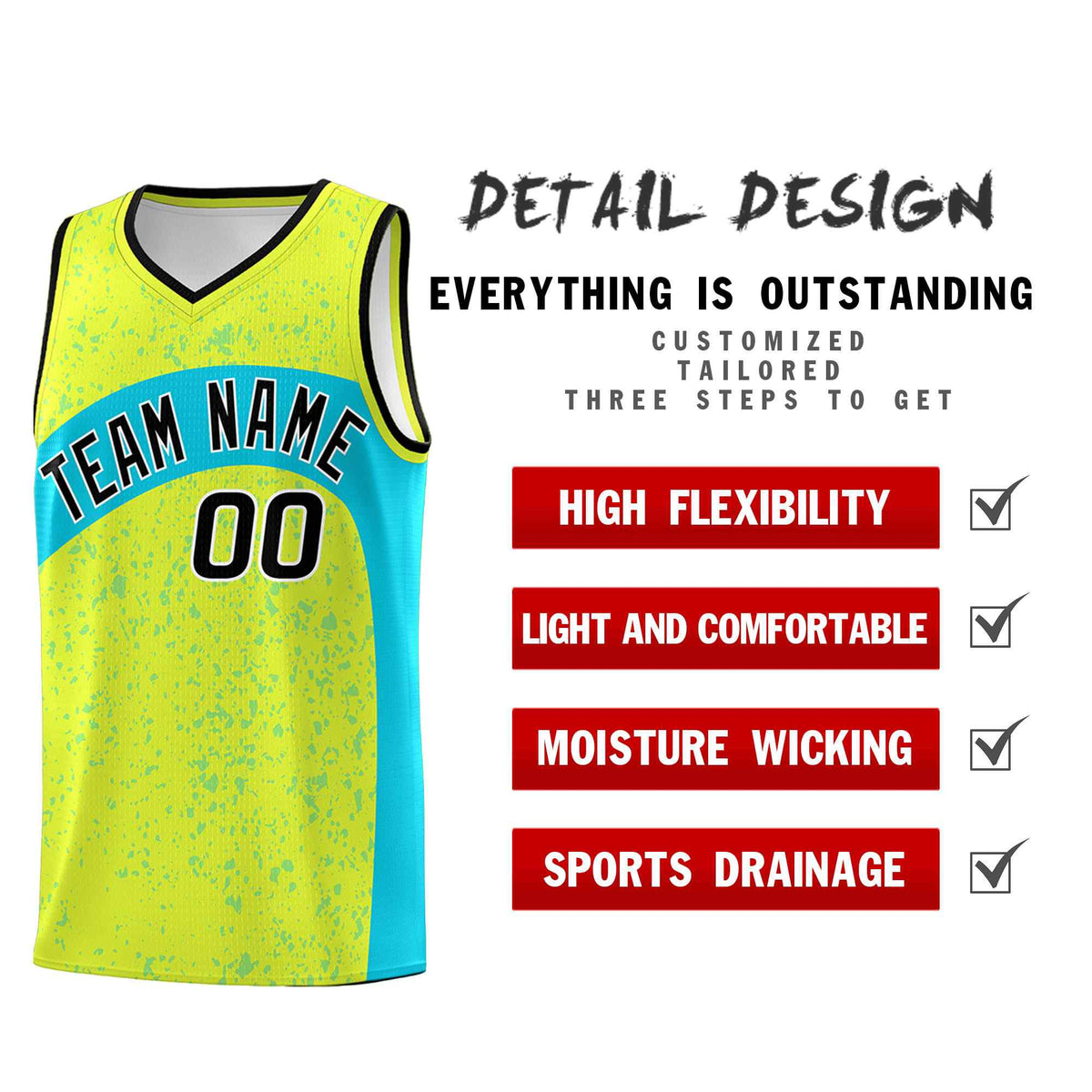 Custom Fluorescent Green Sky Blue Dot Graffiti Pattern Irregular Team Names Sports Uniform Basketball Jersey