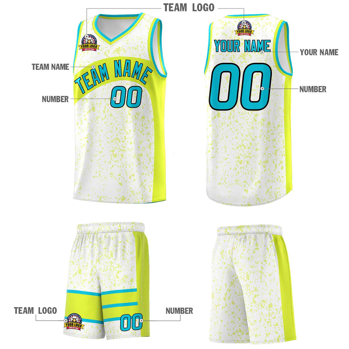Custom White Fluorescent Green Dot Graffiti Pattern Irregular Team Names Sports Uniform Basketball Jersey