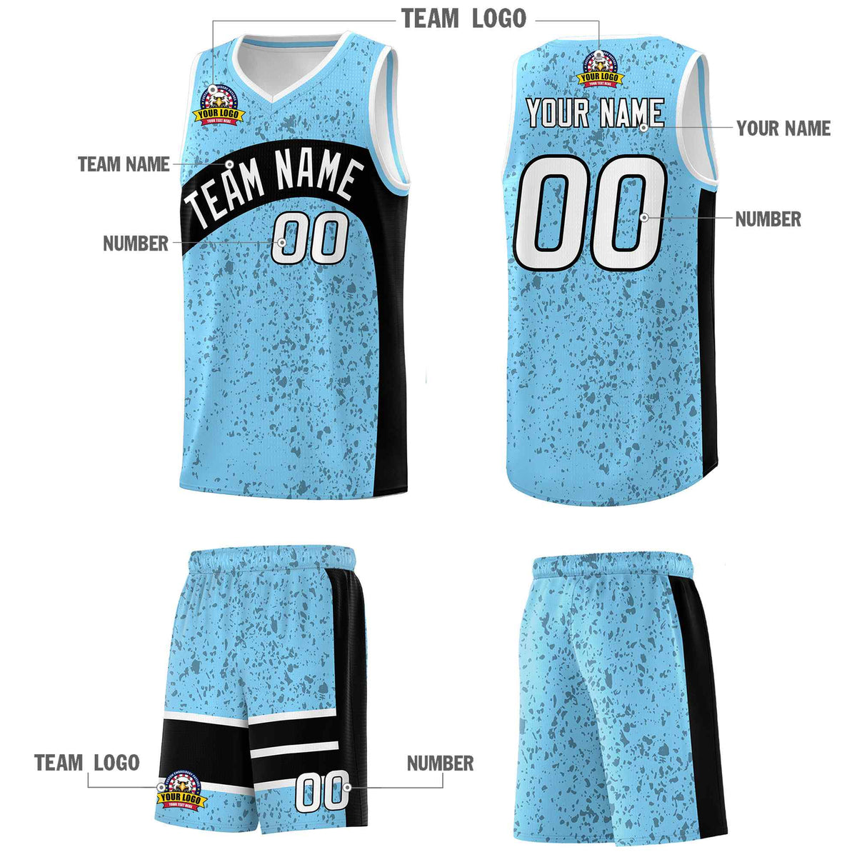Custom Light Blue Black Dot Graffiti Pattern Irregular Team Names Sports Uniform Basketball Jersey