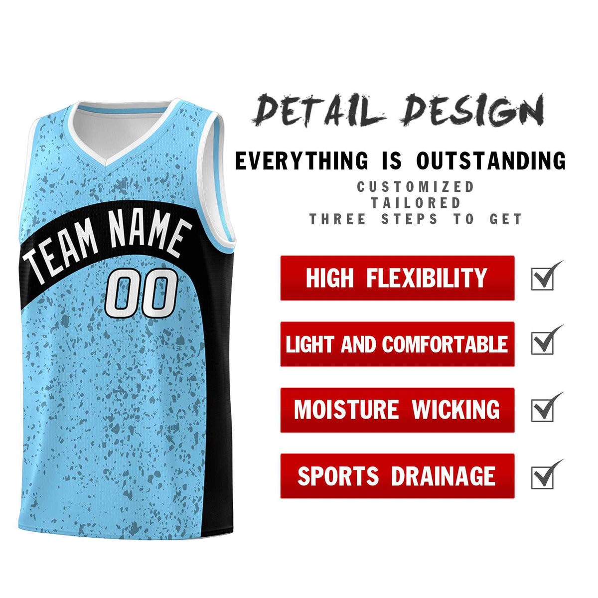 Custom Light Blue Black Dot Graffiti Pattern Irregular Team Names Sports Uniform Basketball Jersey