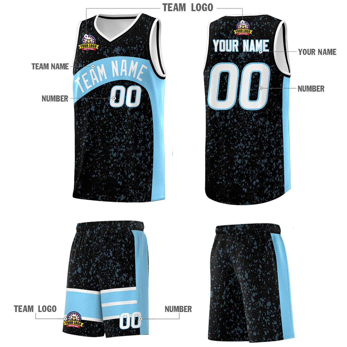 Custom Black Light Blue Dot Graffiti Pattern Irregular Team Names Sports Uniform Basketball Jersey