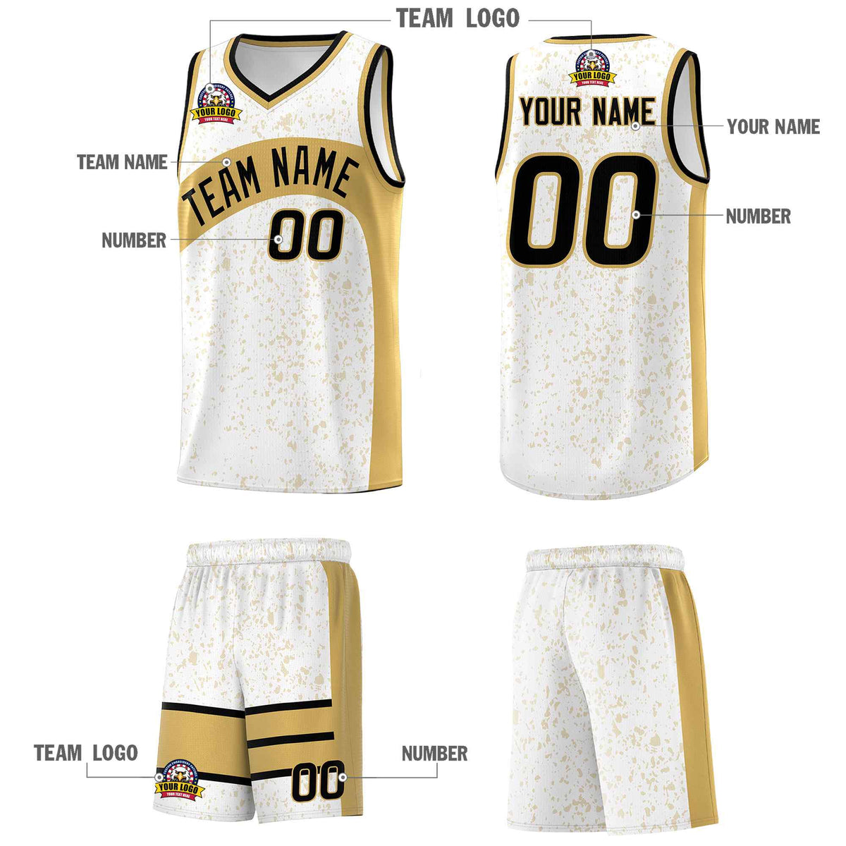 Custom White Old Gold Dot Graffiti Pattern Irregular Team Names Sports Uniform Basketball Jersey