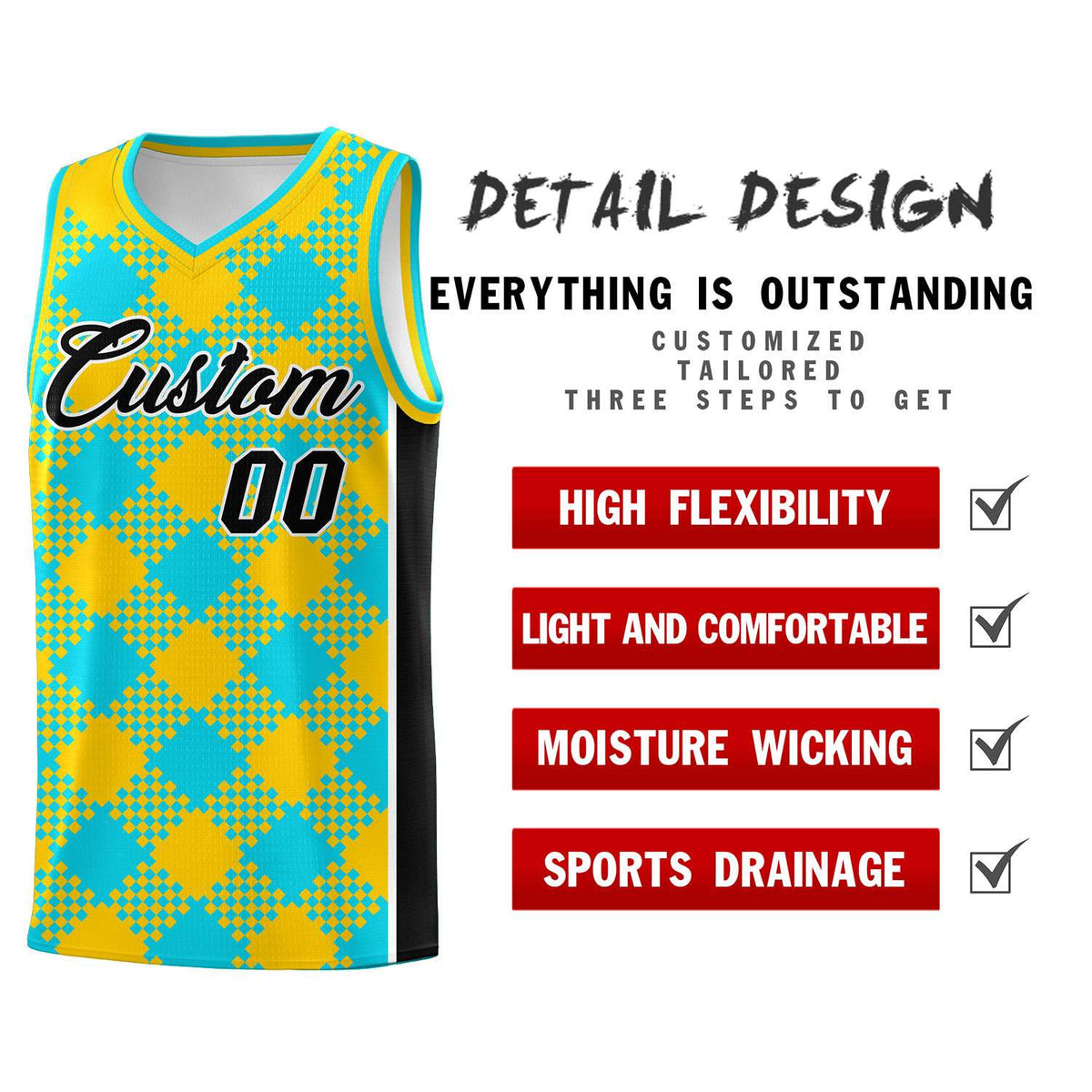 Personalized Sky Blue Gold-Black Grid Basketball Kits