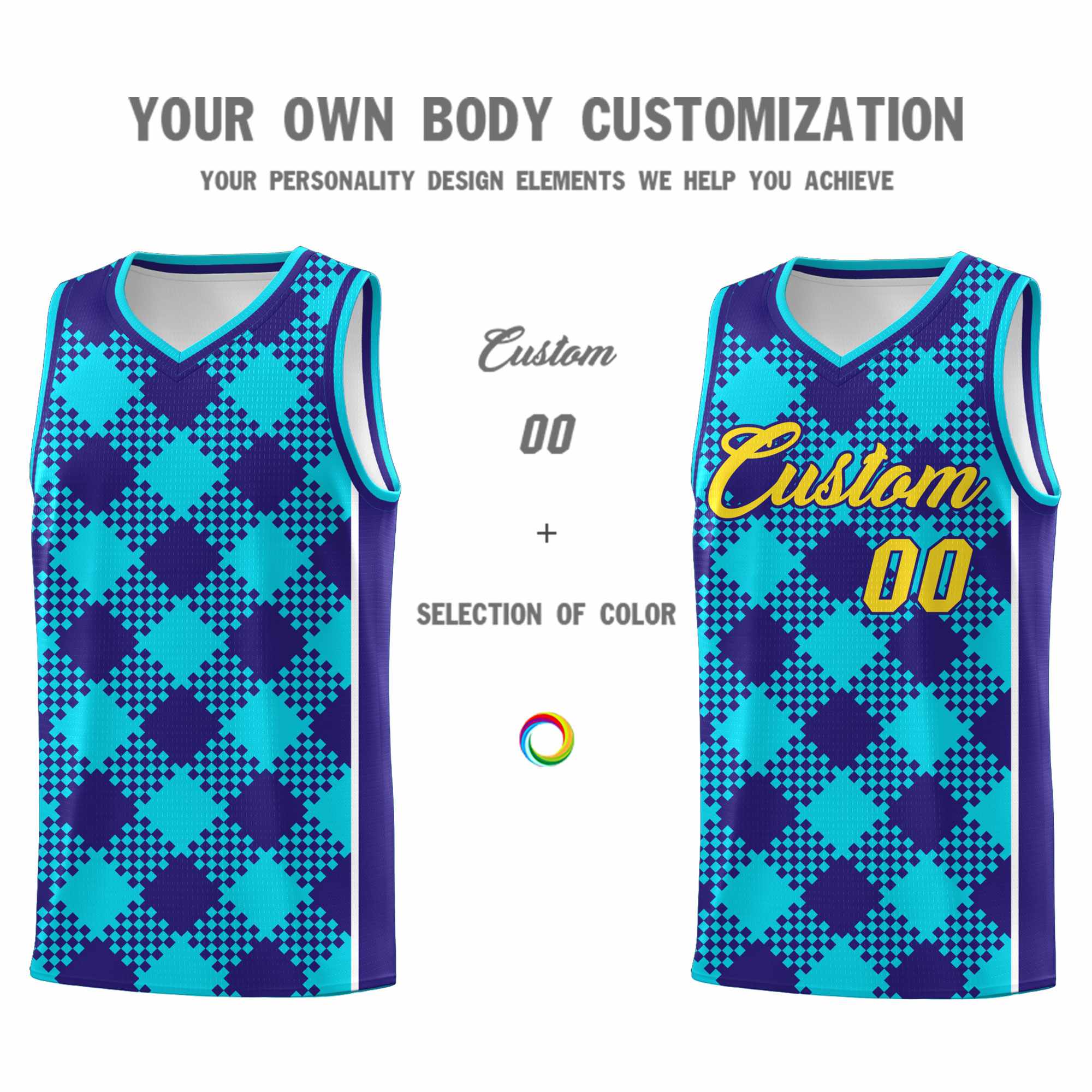 Personalized Royal White-Sky Blue Grid Basketball Kits