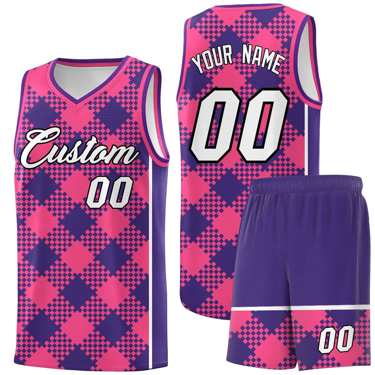 Personalized Purple Pink-White Grid Basketball Kits