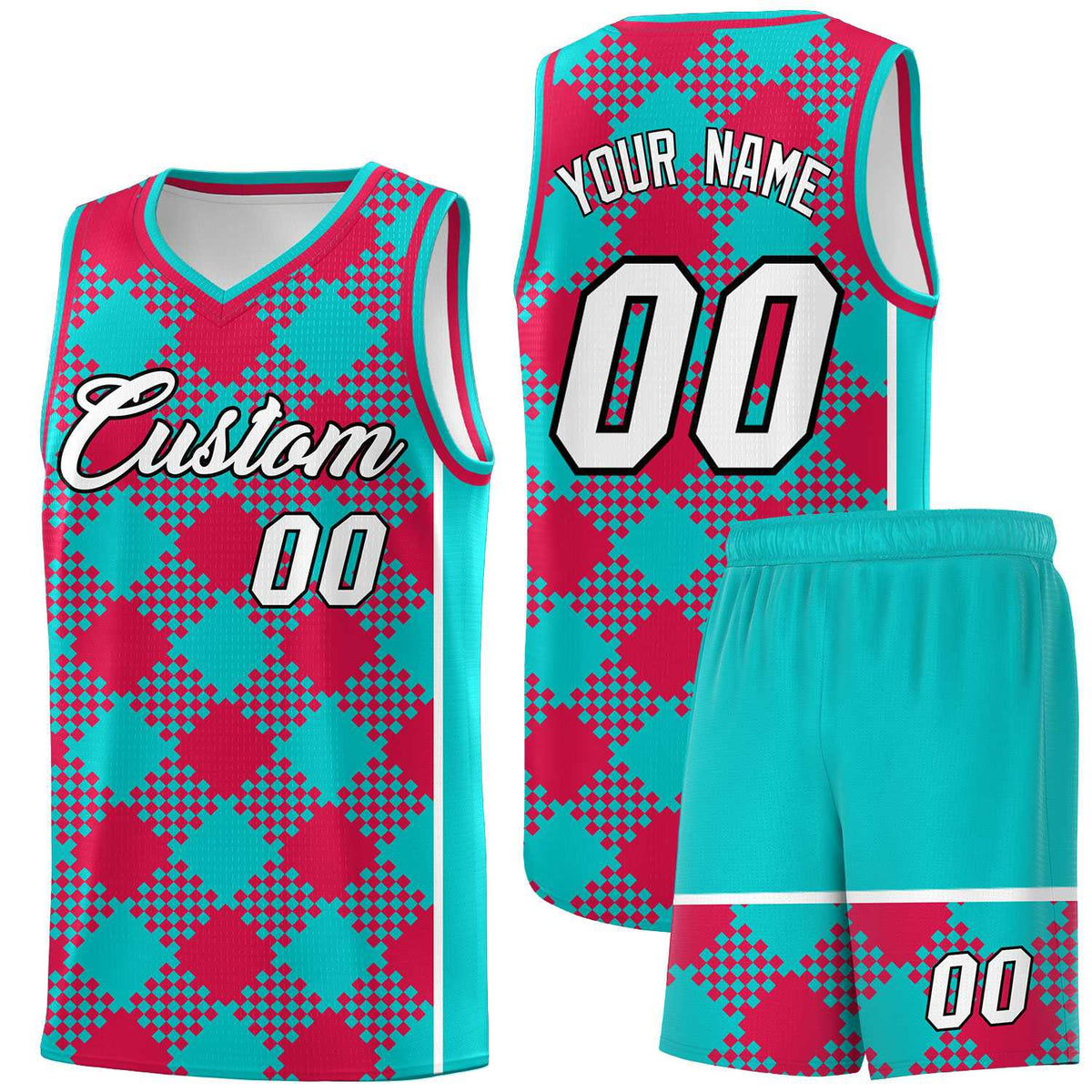 Personalized Aqua Red-White Grid Basketball Kits