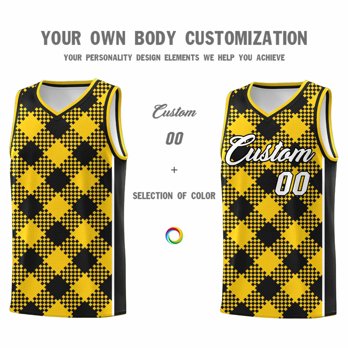 Personalized Gold Black-White Grid Basketball Kits