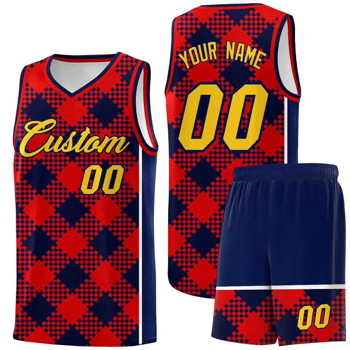 Personalized Navy Red-White Grid Basketball Kits