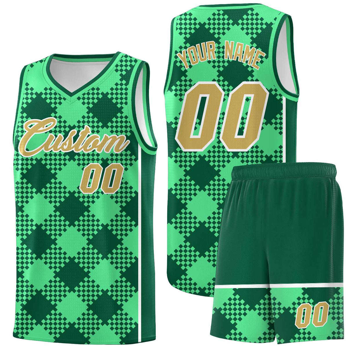 Personalized Green Kelly Green-White Grid Basketball Kits