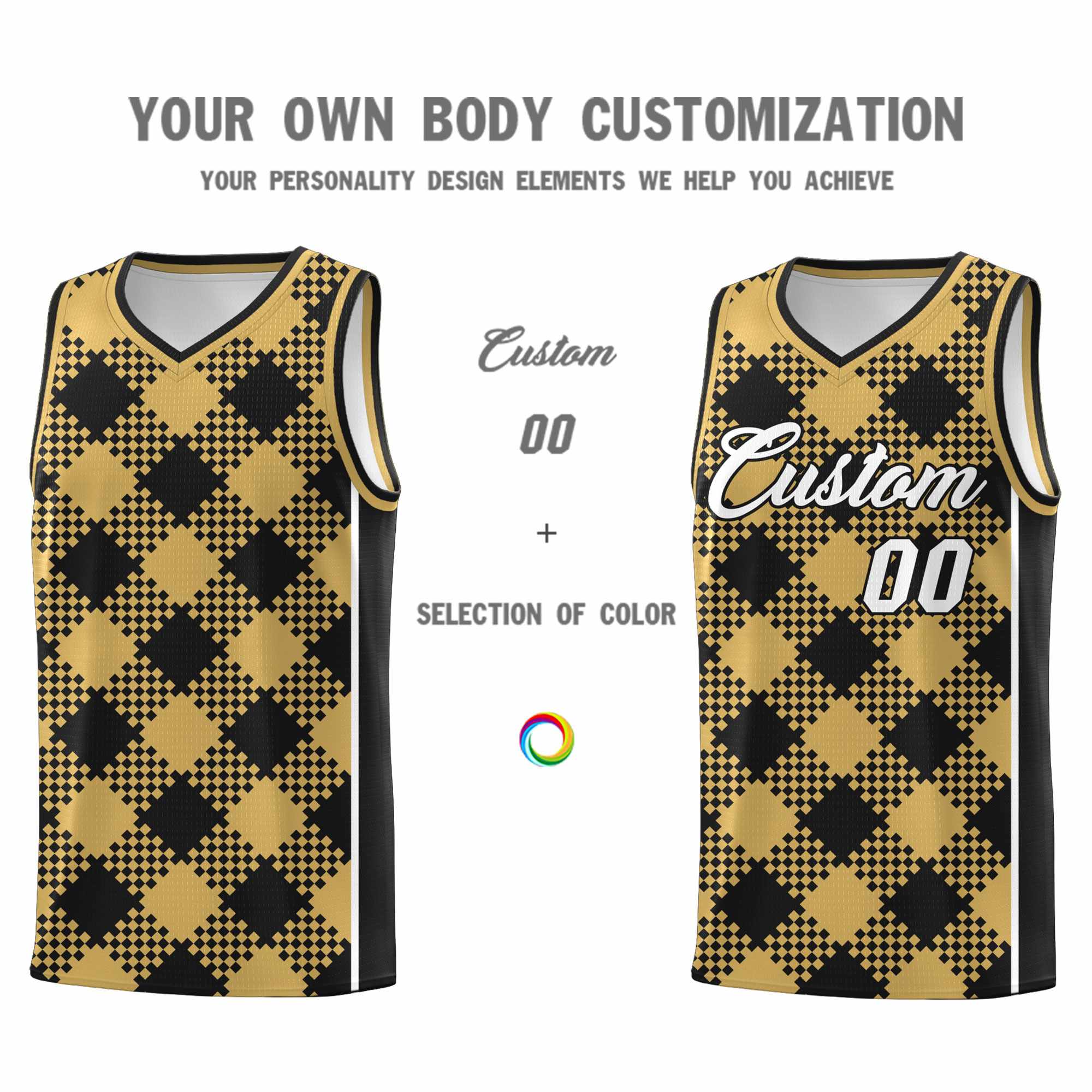 Personalized Old Gold Black-White Grid Basketball Kits