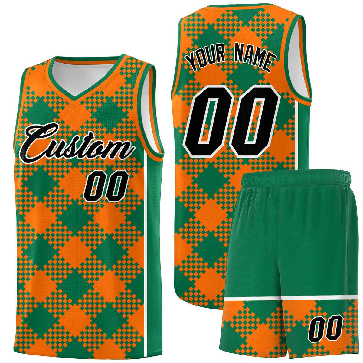 Personalized Orange Kelly Green-White Grid Basketball Kits