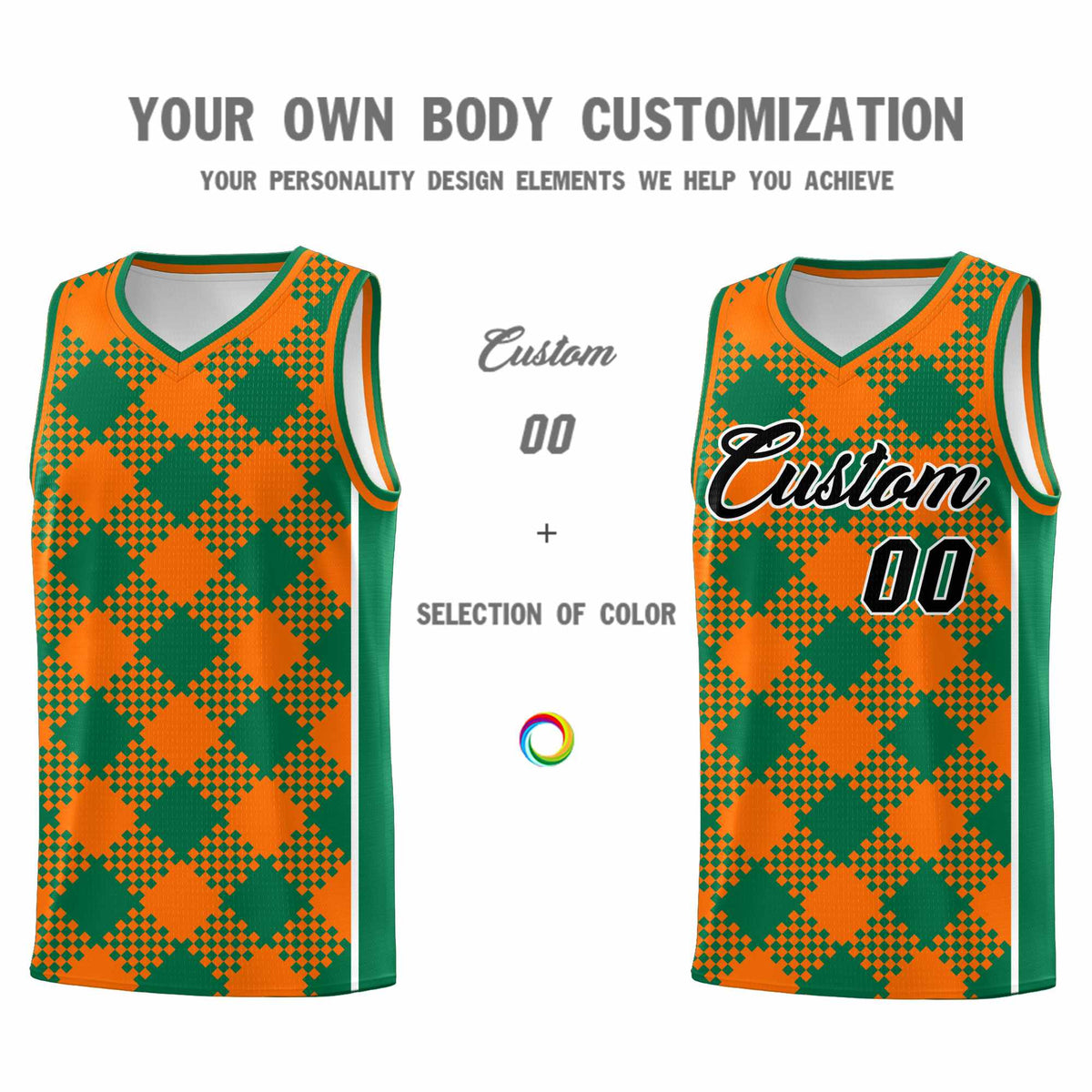 Personalized Orange Kelly Green-White Grid Basketball Kits