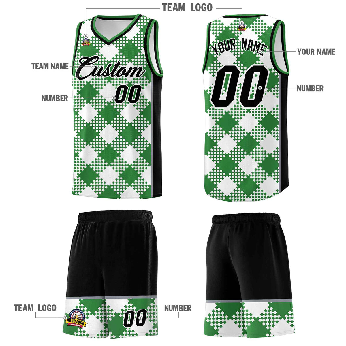 Personalized White Kelly Green-Gray Grid Basketball Kits