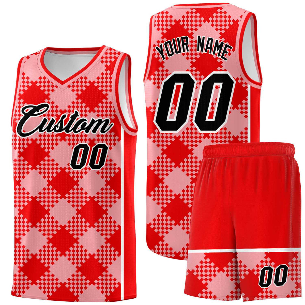 Personalized Light Pink Light Red-White Grid Basketball Kits