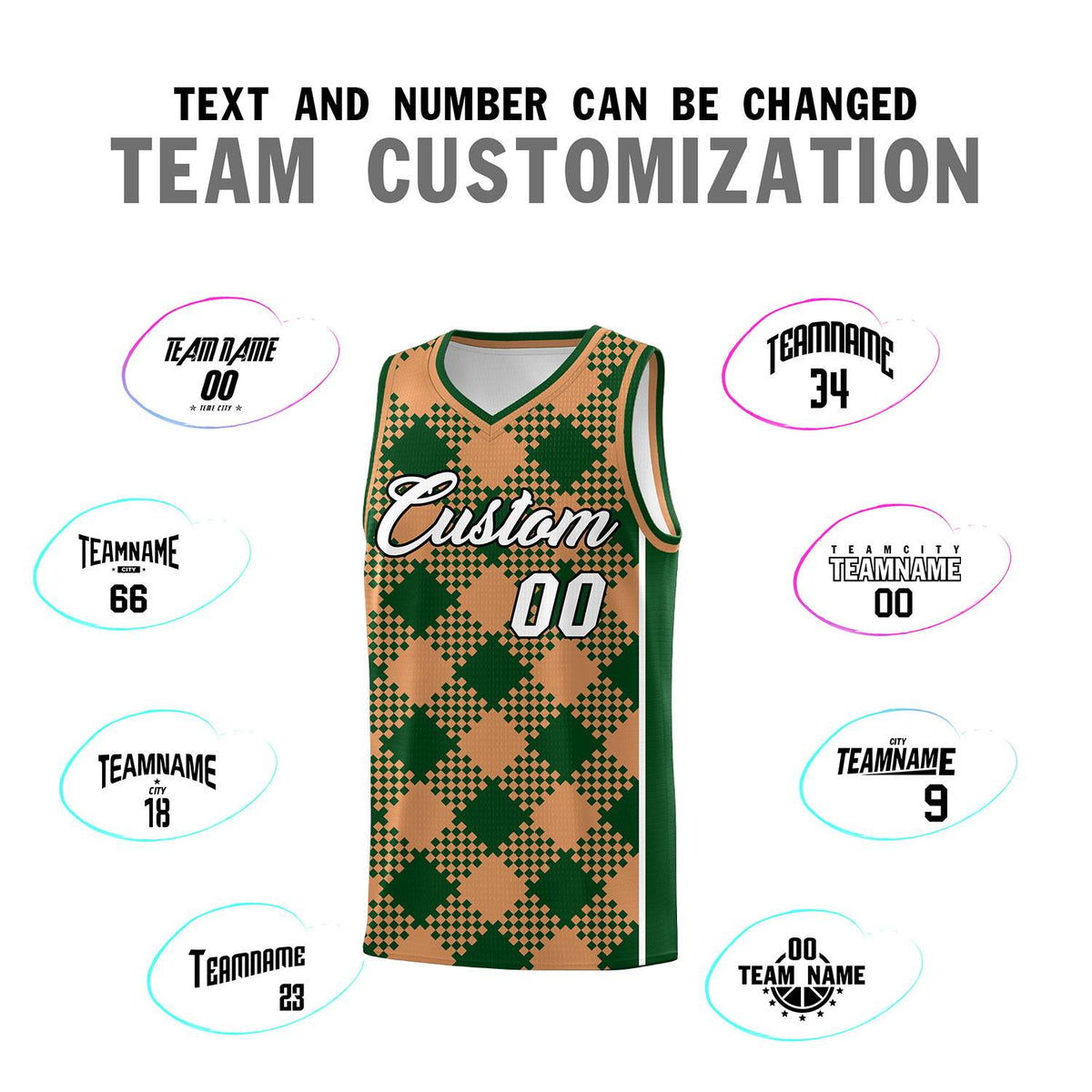 Personalized Green Buckskin Brown-White Grid Basketball Kits
