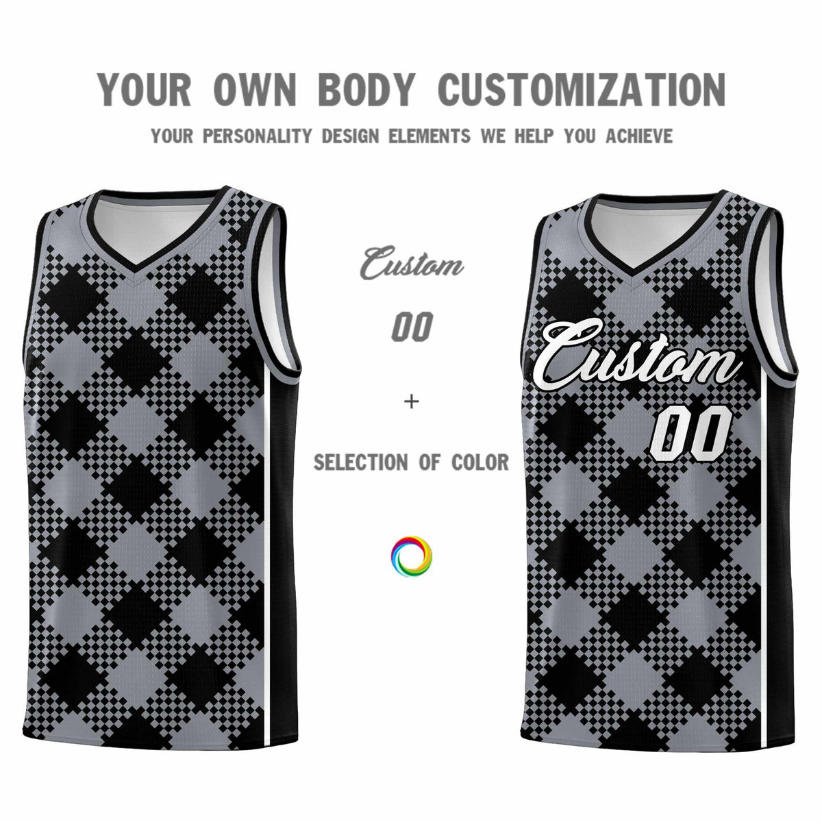 Personalized Gray Black-White Grid Basketball Kits