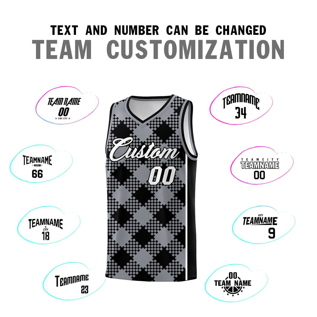 Personalized Gray Black-White Grid Basketball Kits
