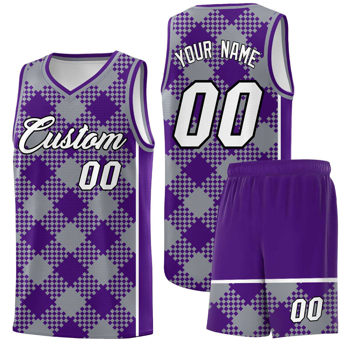 Personalized Gray Purple-White Grid Basketball Kits