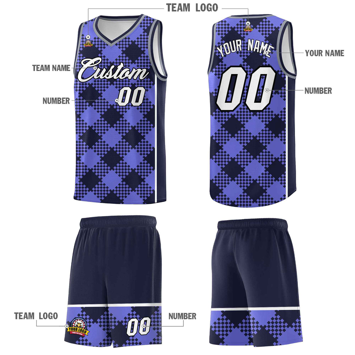 Personalized Purple Navy-White Grid Basketball Kits