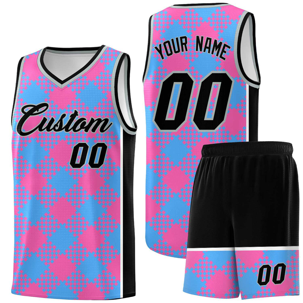 Personalized Powder Blue Pink-White Grid Basketball Kits