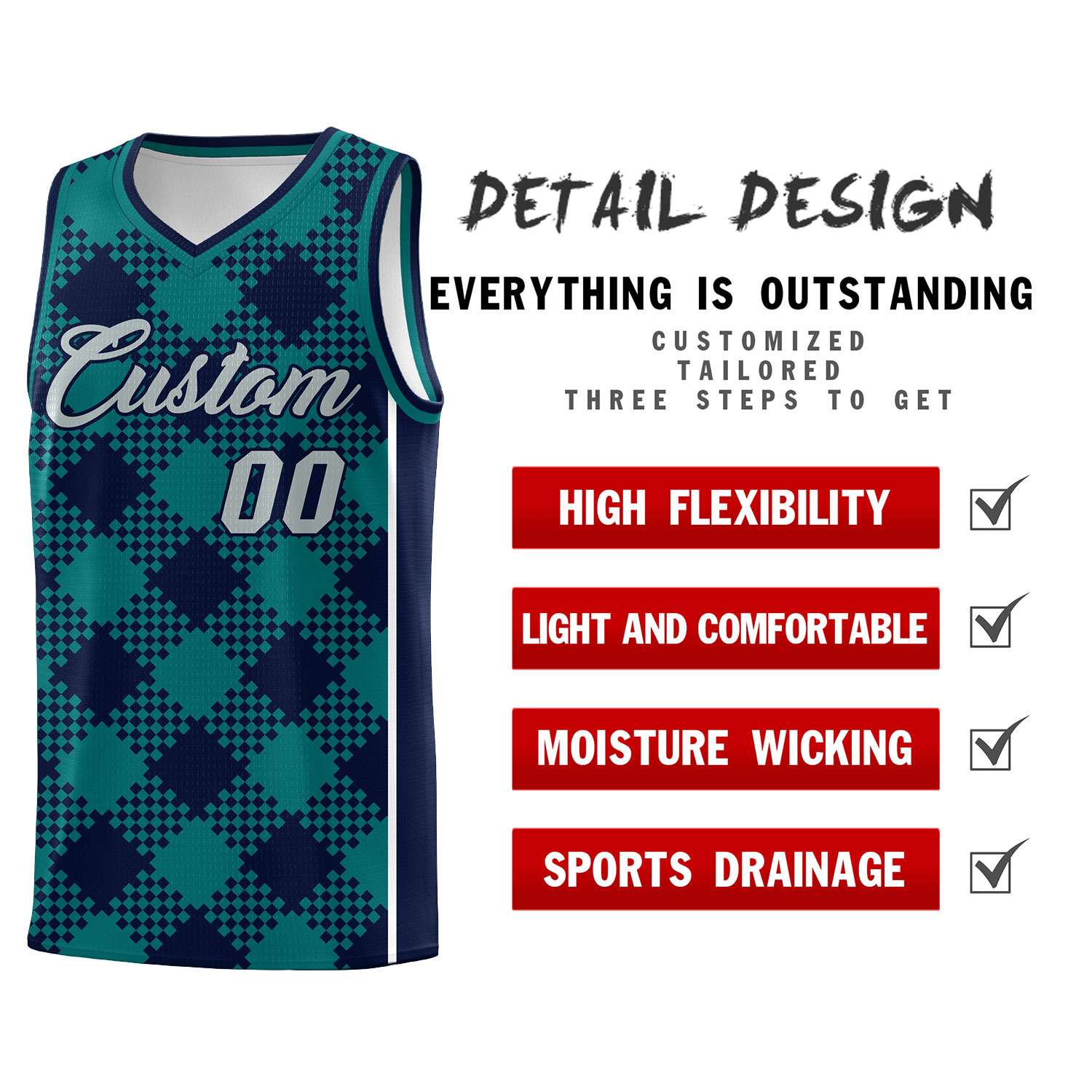 Personalized Teal Navy-White Grid Basketball Kits