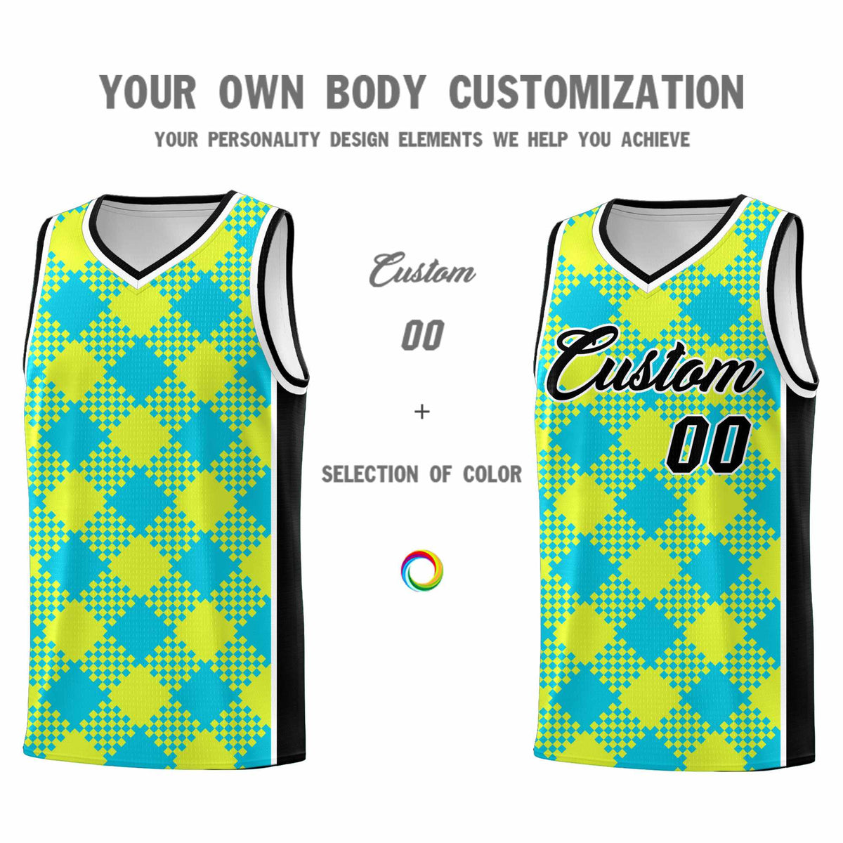 Personalized Sky Blue Fluorescent Green-White Grid Basketball Kits