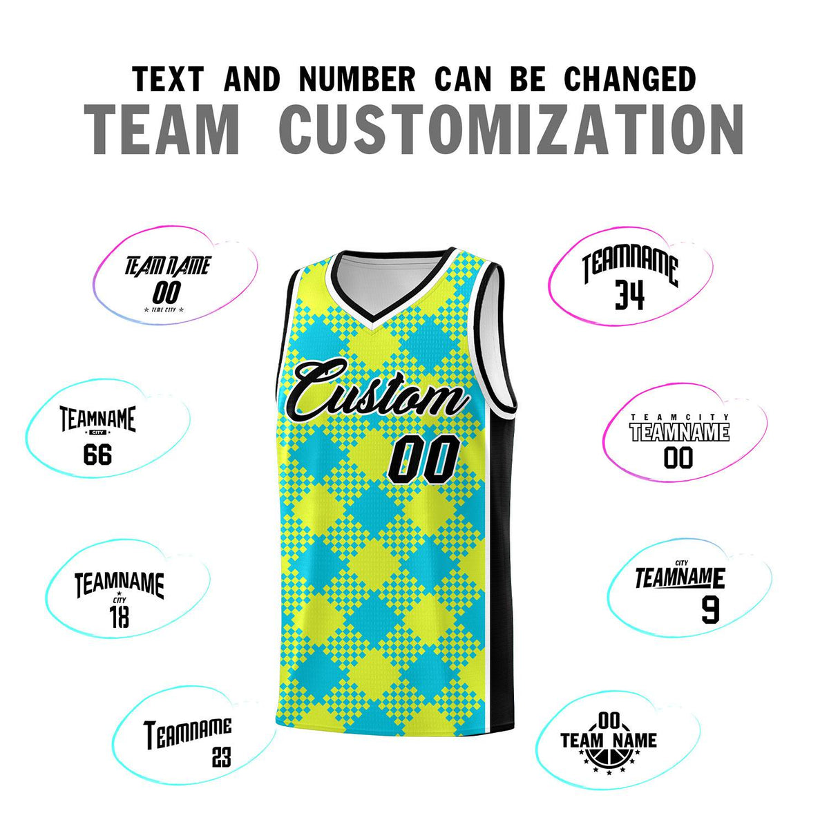 Personalized Sky Blue Fluorescent Green-White Grid Basketball Kits