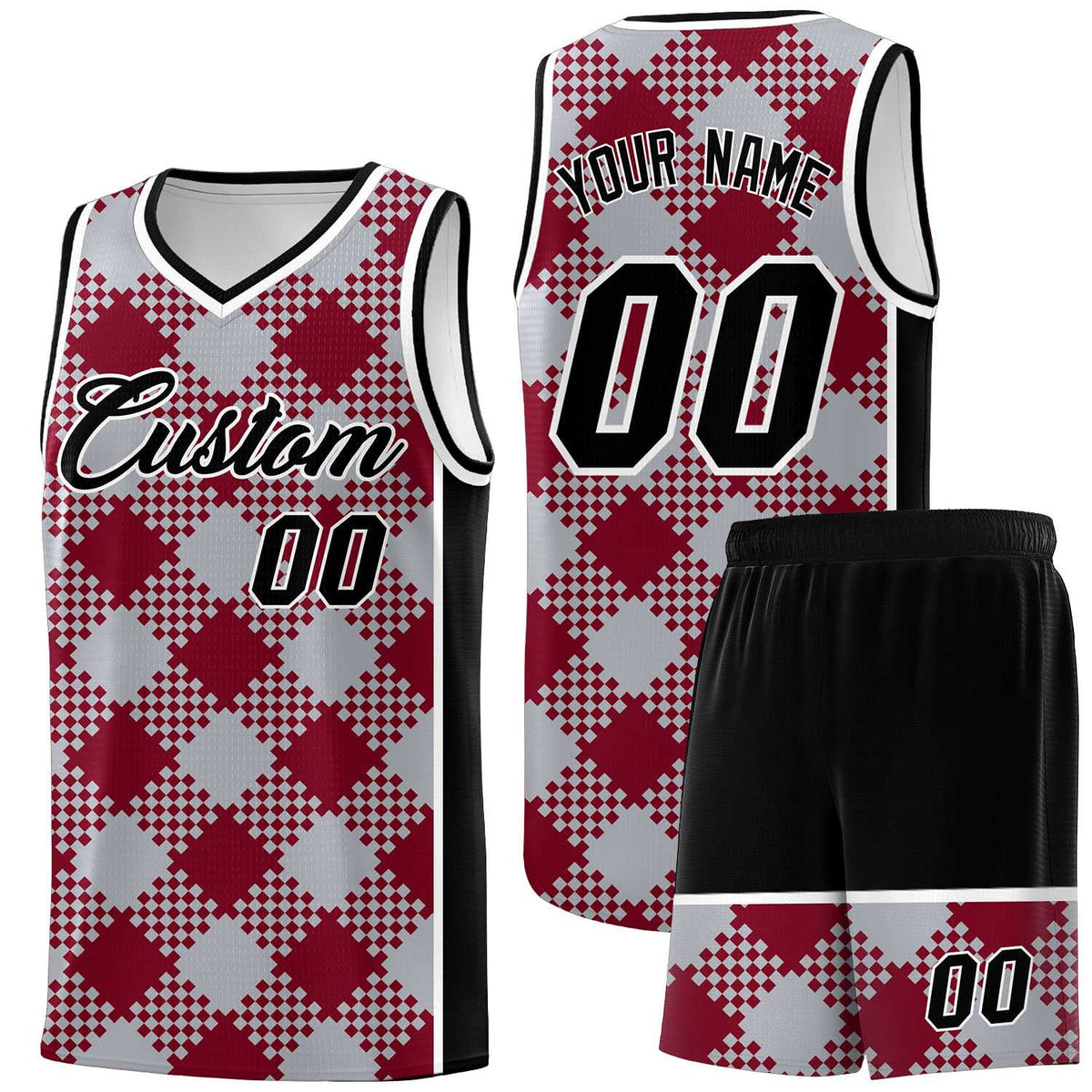 Personalized Gray Crimson-White Grid Basketball Kits