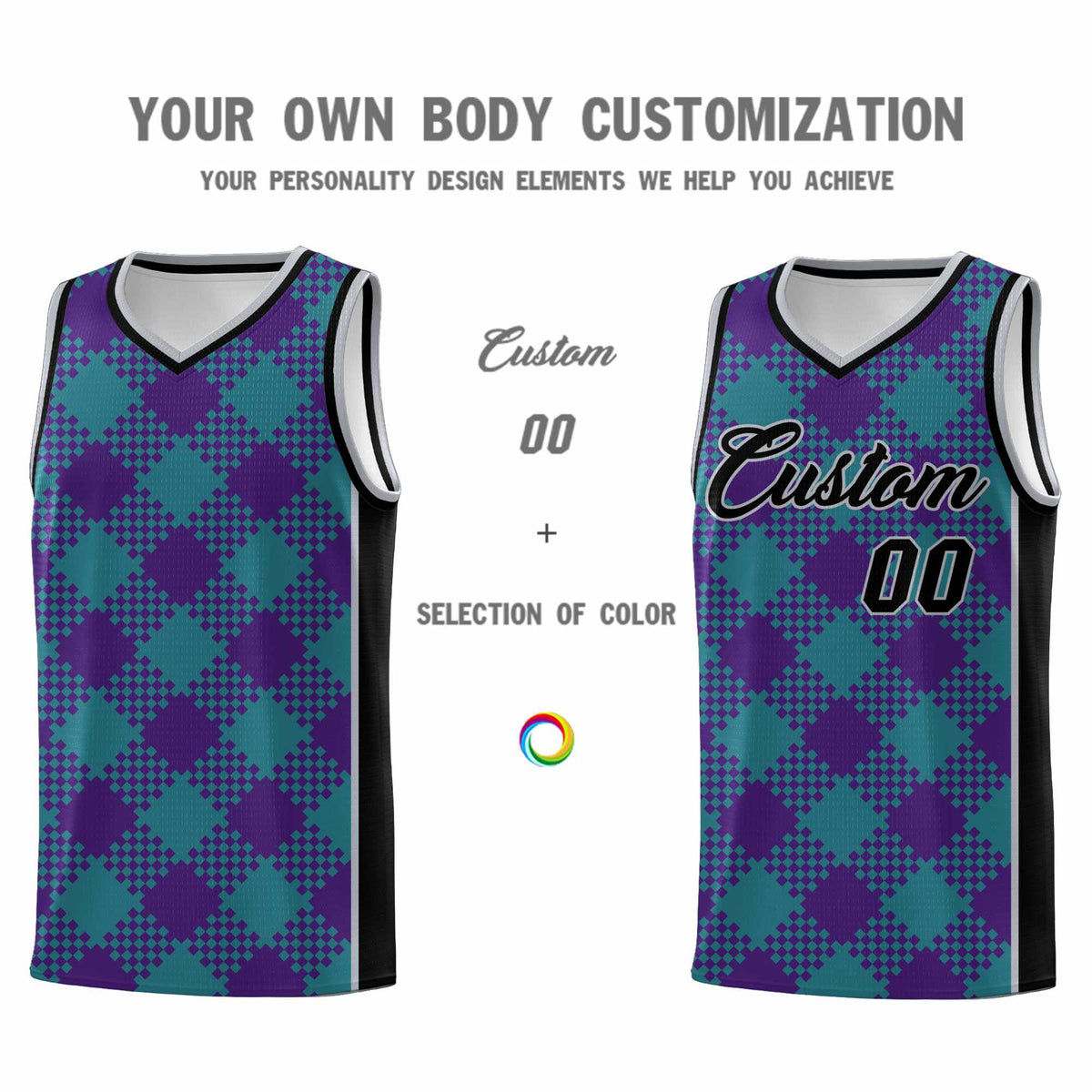 Personalized Purple Teal-Gray Grid Basketball Kits