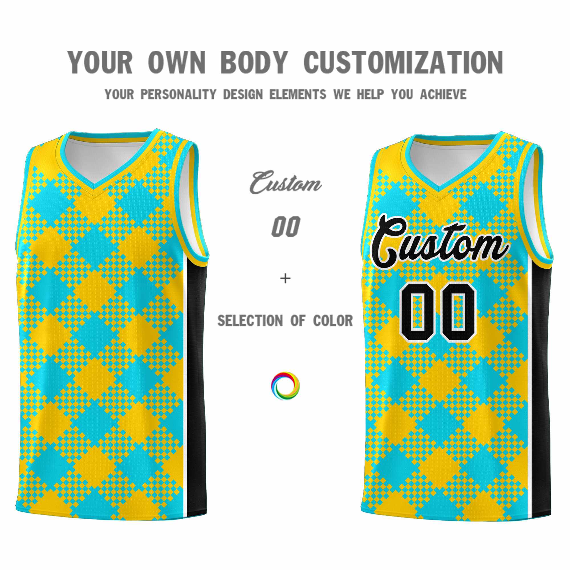 Personalized Sky Blue Gold-Black Grid Basketball Kits