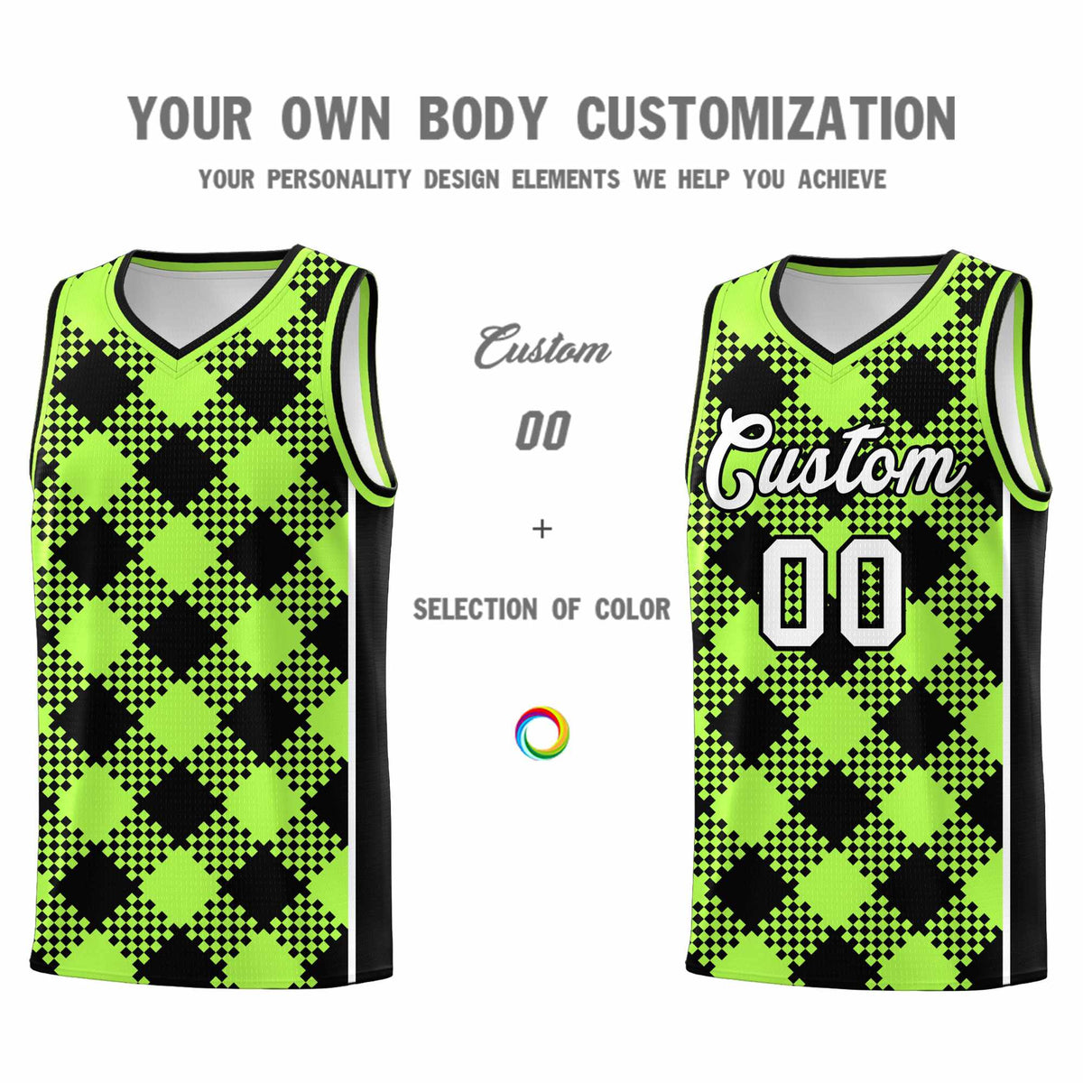 Personalized Fluorescent Green Black-White Grid Basketball Kits